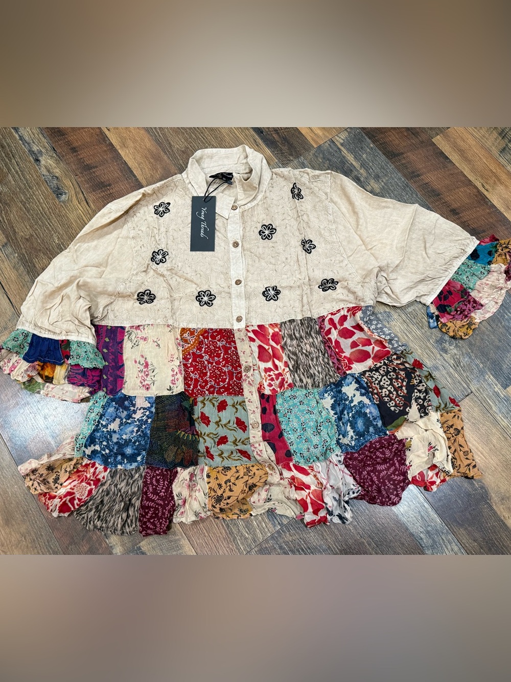 Young Threads Cream Embroidered Button-Front Top with Colorful Patchwork Hem